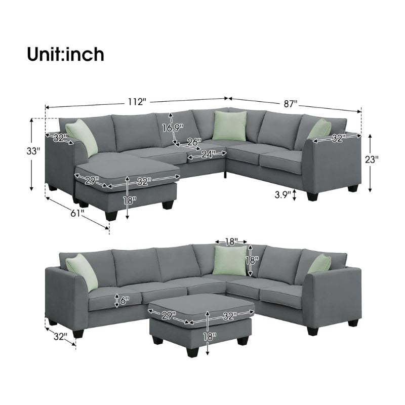 Aitere 112 Sectional Sofa with Ottoman L Shape Fabric Sofa