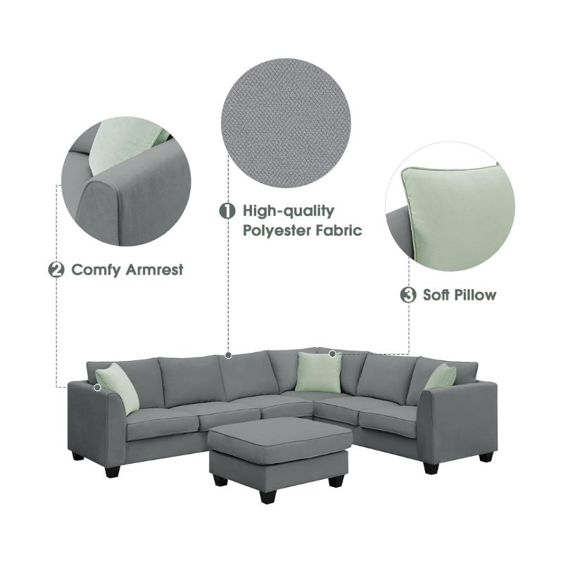 Aitere 112 Sectional Sofa with Ottoman L Shape Fabric Sofa